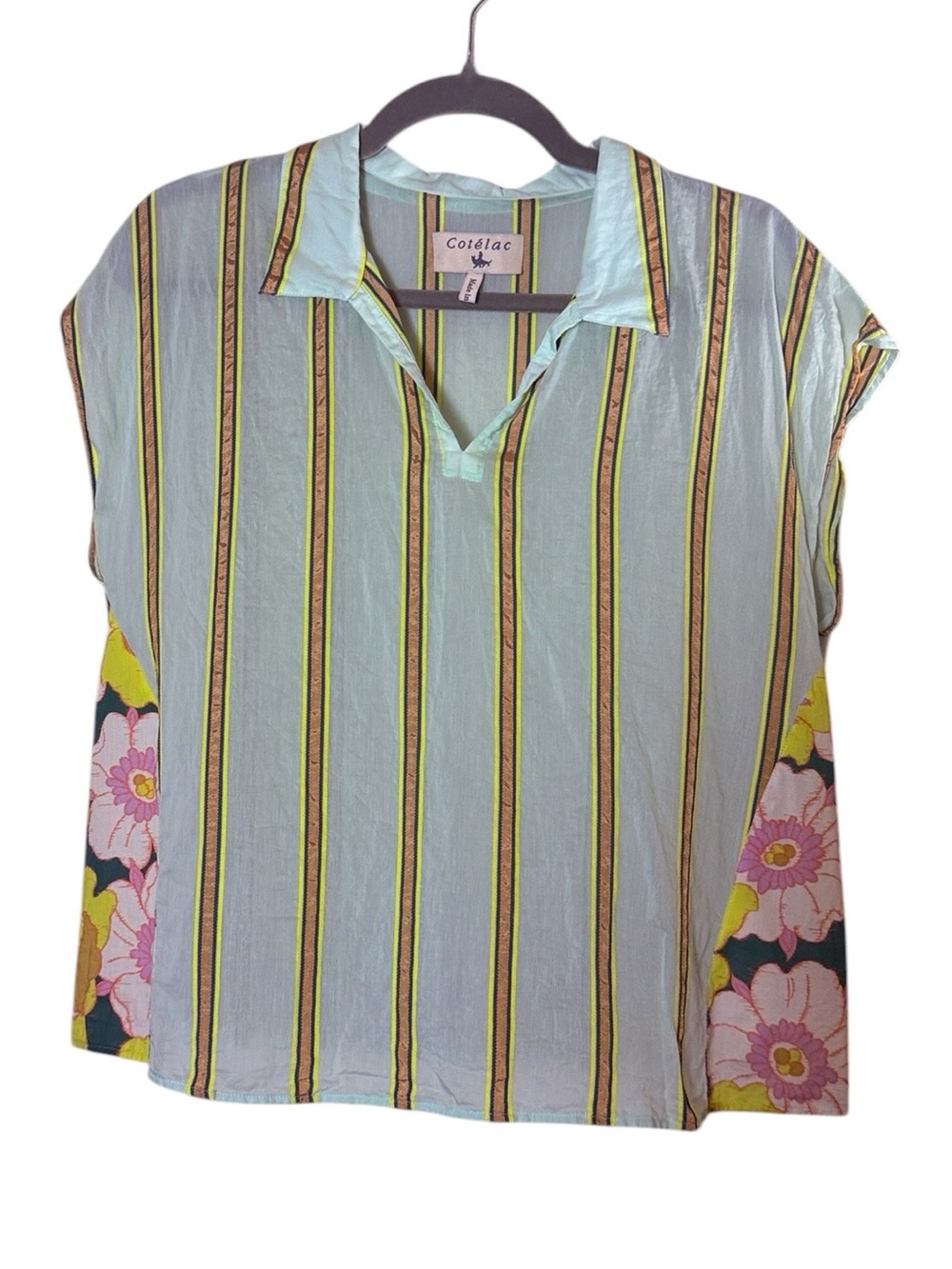 Cotelac Women’s Silene Mint Cotton Striped Blouse with Floral Side Panels Sz M